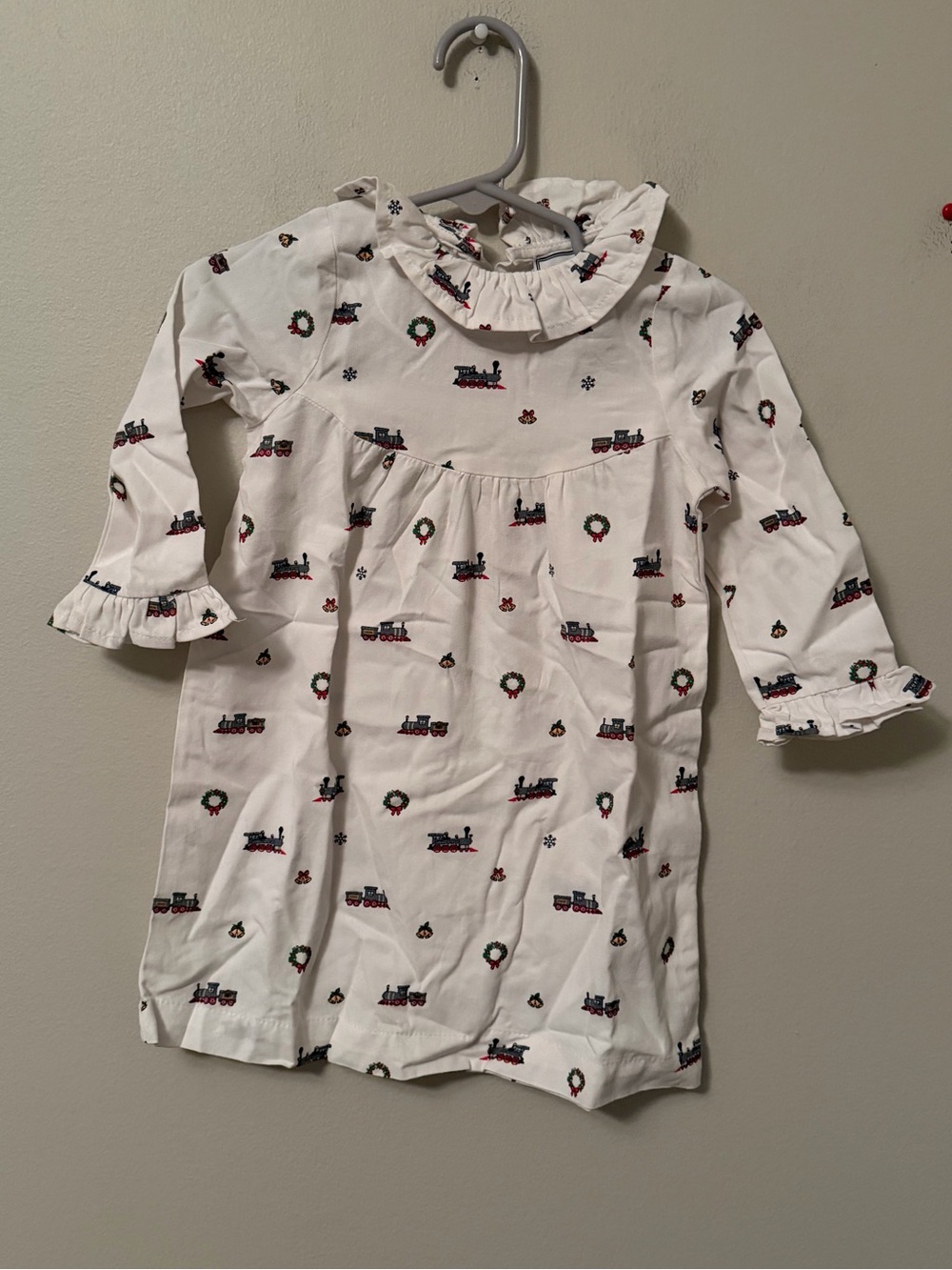 Petite Plume White Holiday Train Print Ruffle Collar Nightgown